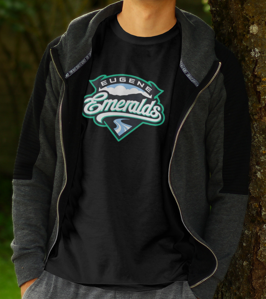 Eugene Emeralds Baseball Team Green Crest With Mountains And River Motif T-Shirt