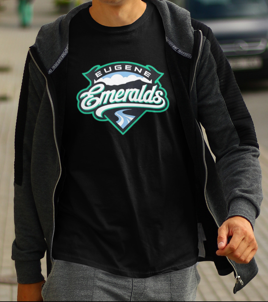 Eugene Emeralds Baseball Team Green Crest With Mountains And River Motif T-Shirt