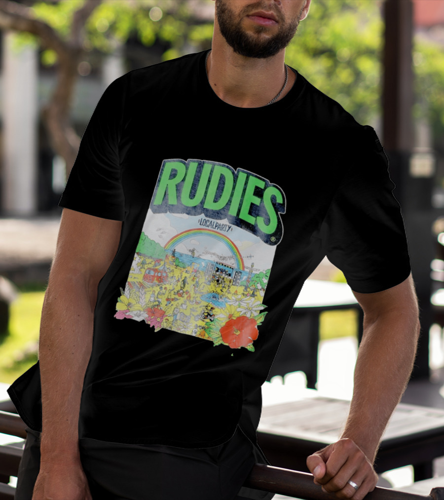 Rudie's 35th Anniversary Local Party Featuring 10 Feet G Freak Factory Dustboz Colorful Celebration With Rainbow And Flowers T-Shirt