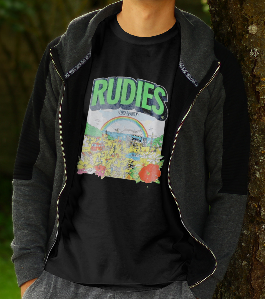 Rudie's 35th Anniversary Local Party Featuring 10 Feet G Freak Factory Dustboz Colorful Celebration With Rainbow And Flowers T-Shirt