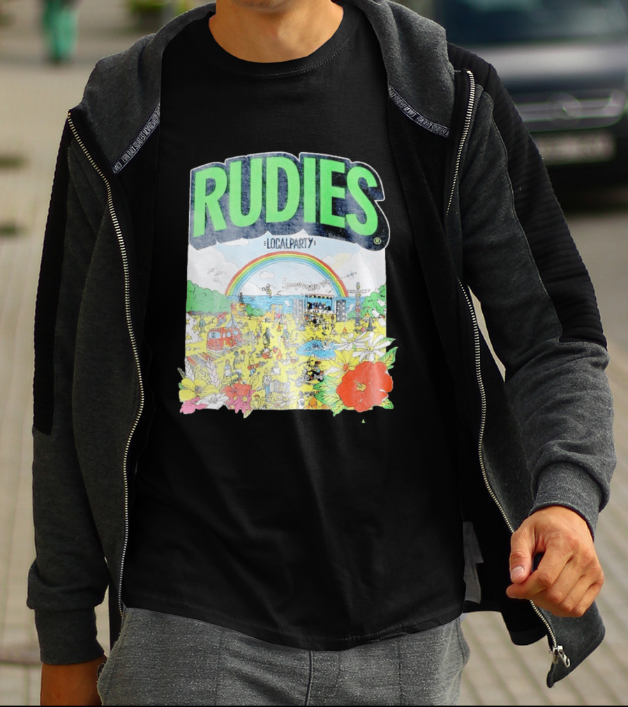 Rudie's 35th Anniversary Local Party Featuring 10 Feet G Freak Factory Dustboz Colorful Celebration With Rainbow And Flowers T-Shirt