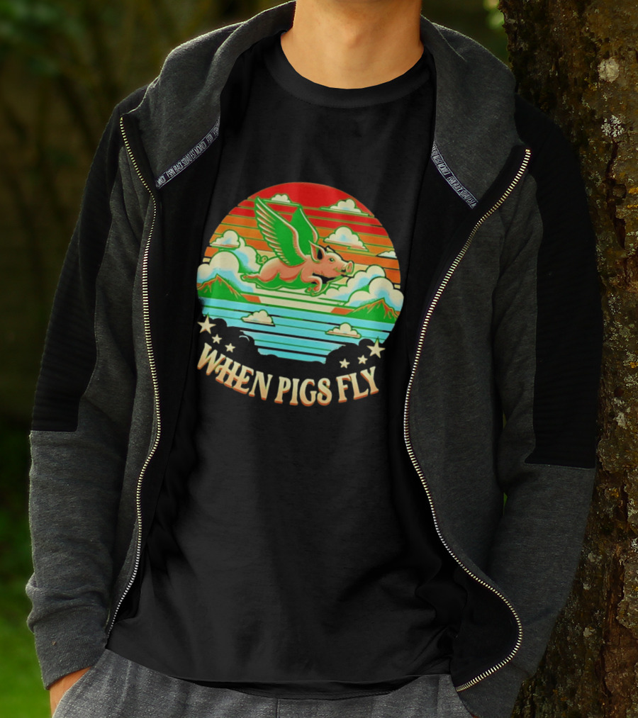 When Pigs Fly Flying Pig Whimsical Clouds And Stars T-Shirt