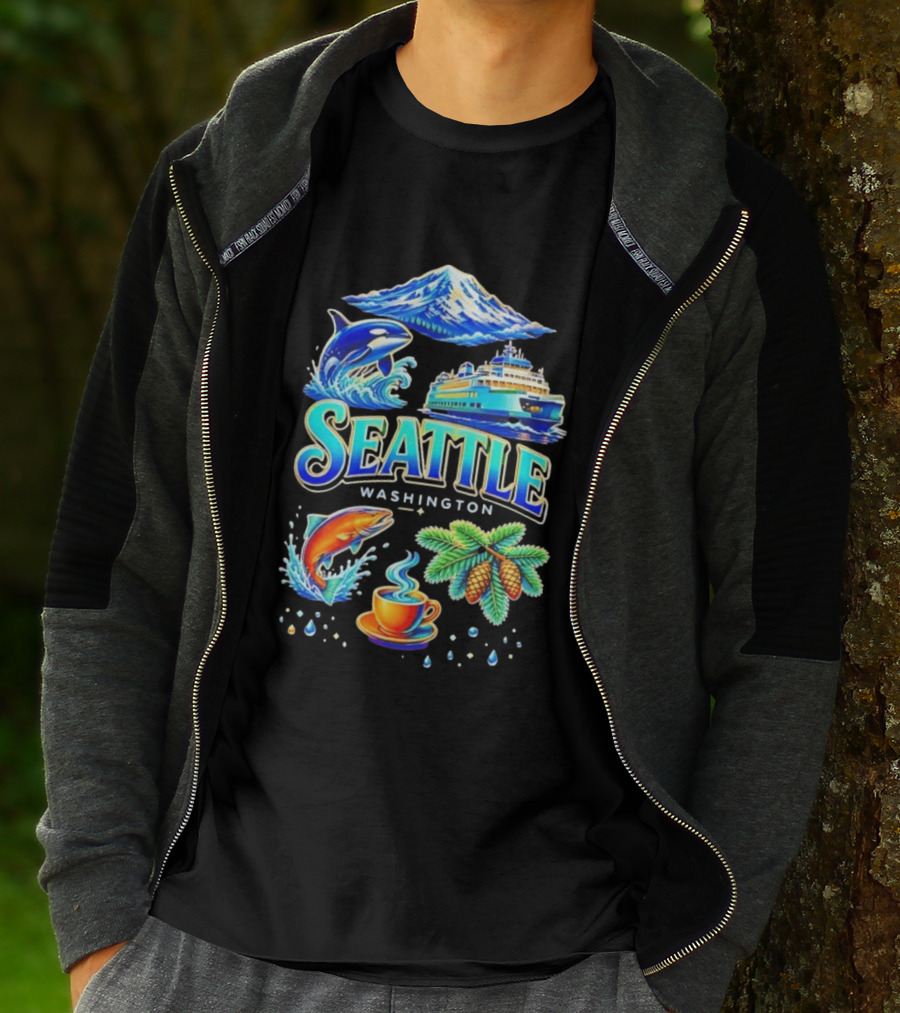 Seattle Washington Orca Whale Ferry Salmon Coffee Pine Cones Mount Rainier T-Shirt
