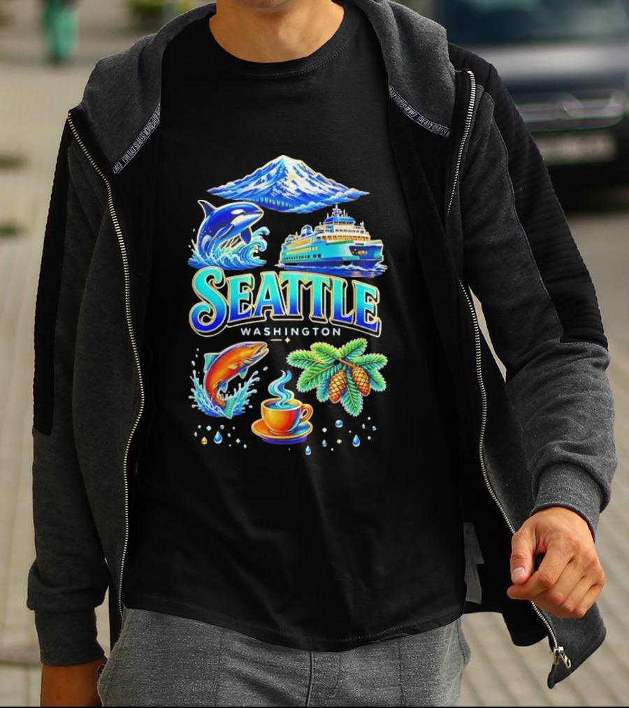 Seattle Washington Orca Whale Ferry Salmon Coffee Pine Cones Mount Rainier T-Shirt
