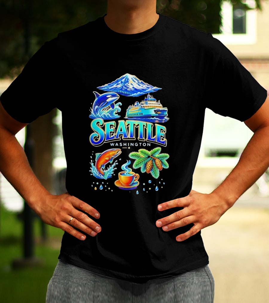 Seattle Washington Orca Whale Ferry Salmon Coffee Pine Cones Mount Rainier T-Shirt