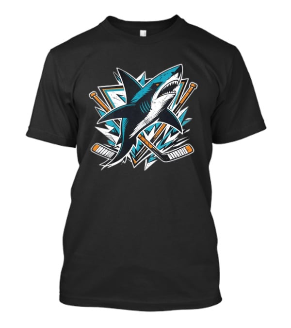 San Jose Sharks Hockey Attack Emblem With Shark And Crossed Hockey Sticks T-Shirt