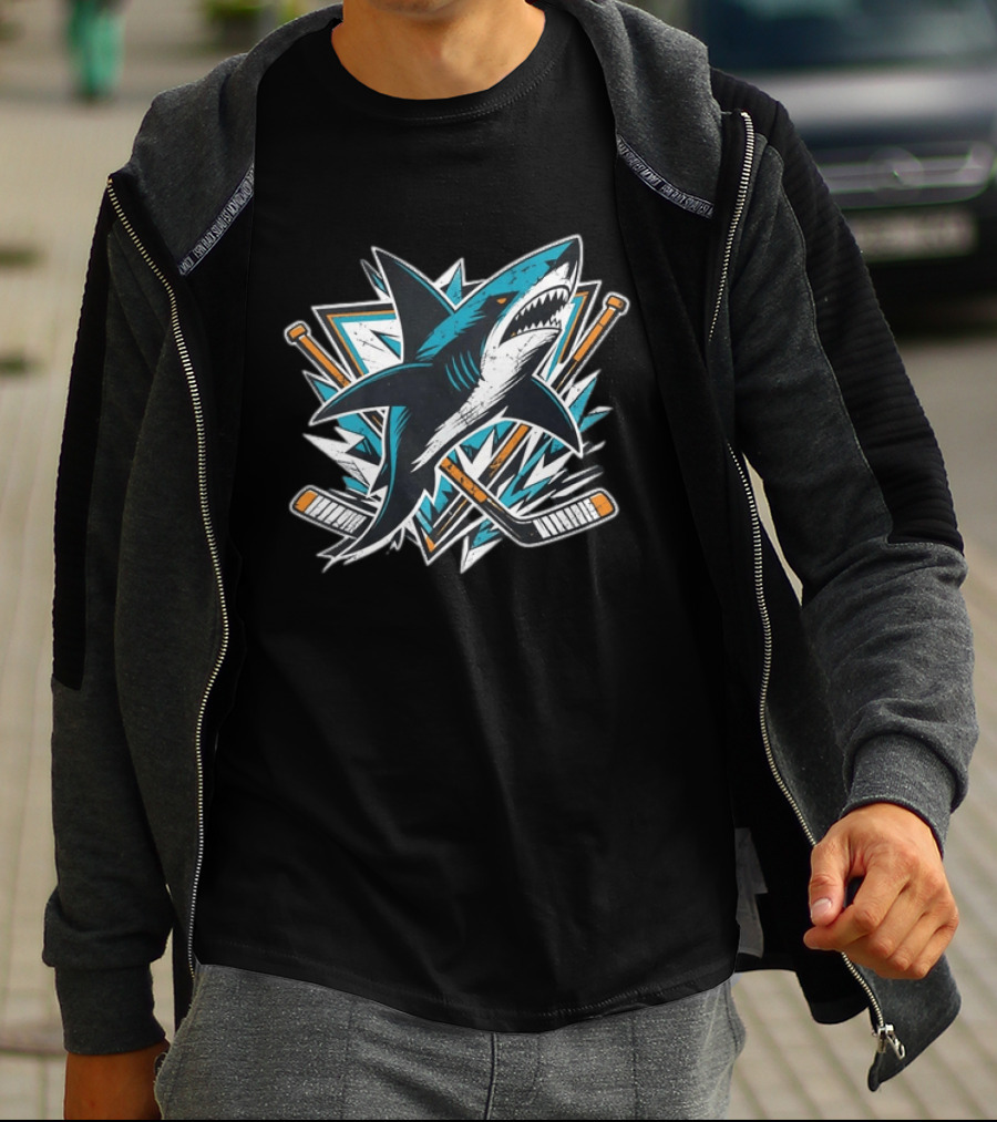 San Jose Sharks Hockey Attack Emblem With Shark And Crossed Hockey Sticks T-Shirt