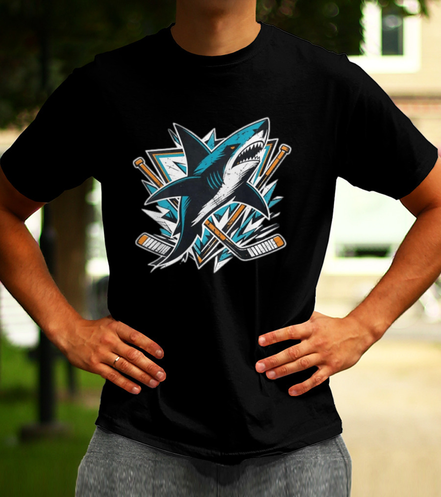 San Jose Sharks Hockey Attack Emblem With Shark And Crossed Hockey Sticks T-Shirt