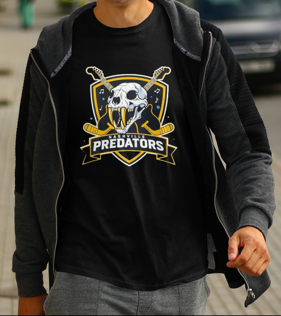 Nashville Predators Hockey Skull With Guitars And Music Notes T-Shirt