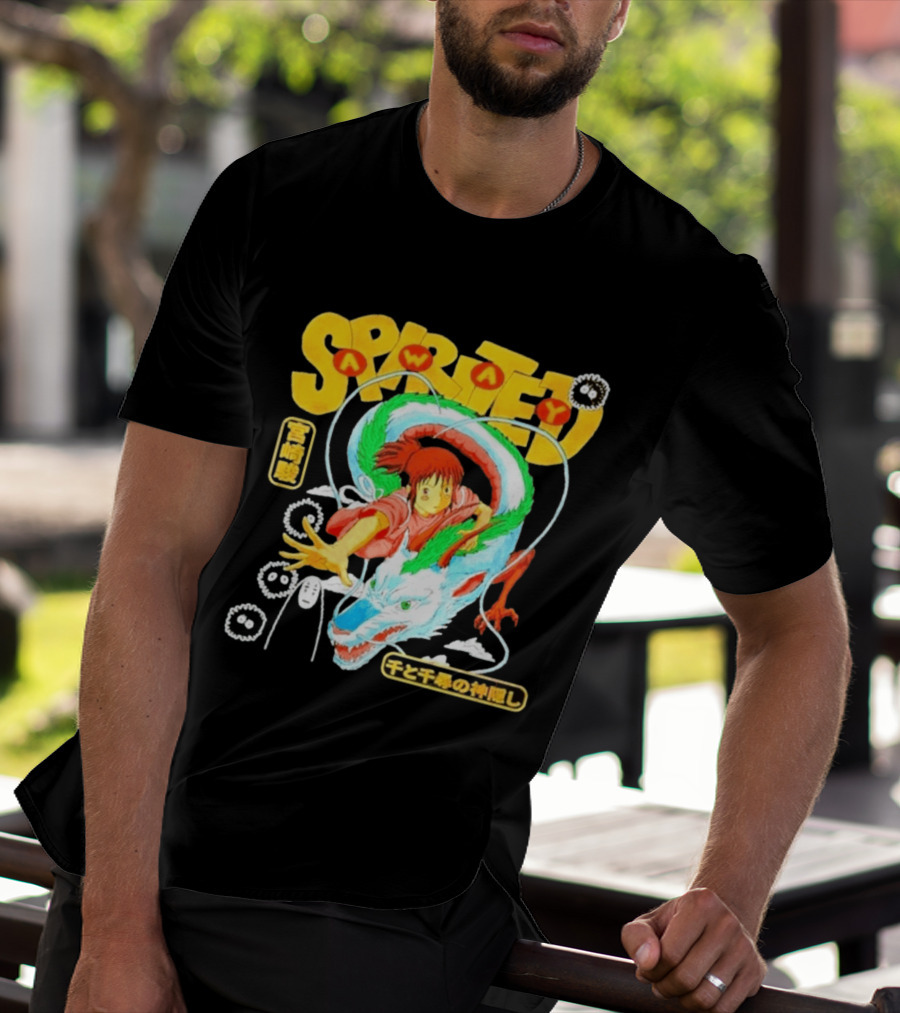 Spirited Away Chihiro Riding Haku Dragon Japanese Text No Face Soot Sprites T-Shirt