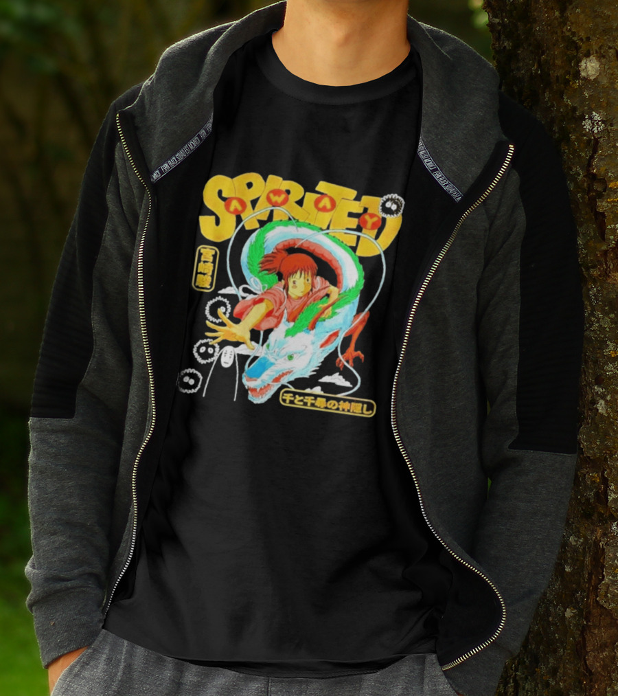 Spirited Away Chihiro Riding Haku Dragon Japanese Text No Face Soot Sprites T-Shirt