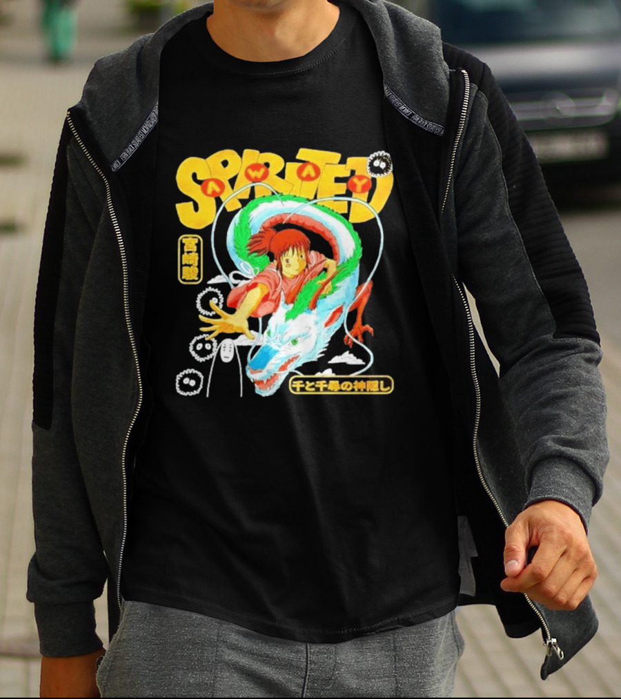 Spirited Away Chihiro Riding Haku Dragon Japanese Text No Face Soot Sprites T-Shirt