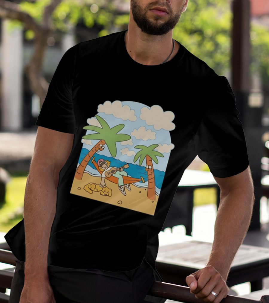Hammock Guitar Player With Sleeping Dog On Tropical Beach Scene T-Shirt