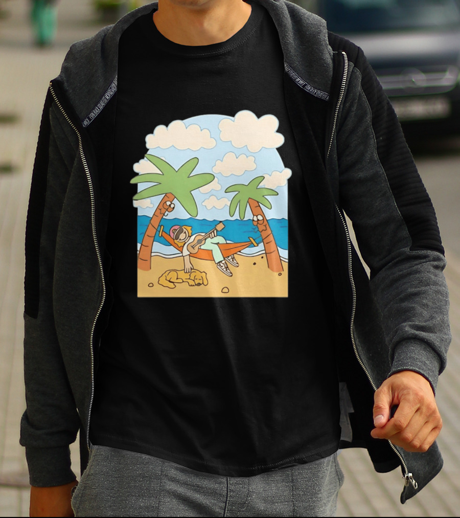 Hammock Guitar Player With Sleeping Dog On Tropical Beach Scene T-Shirt
