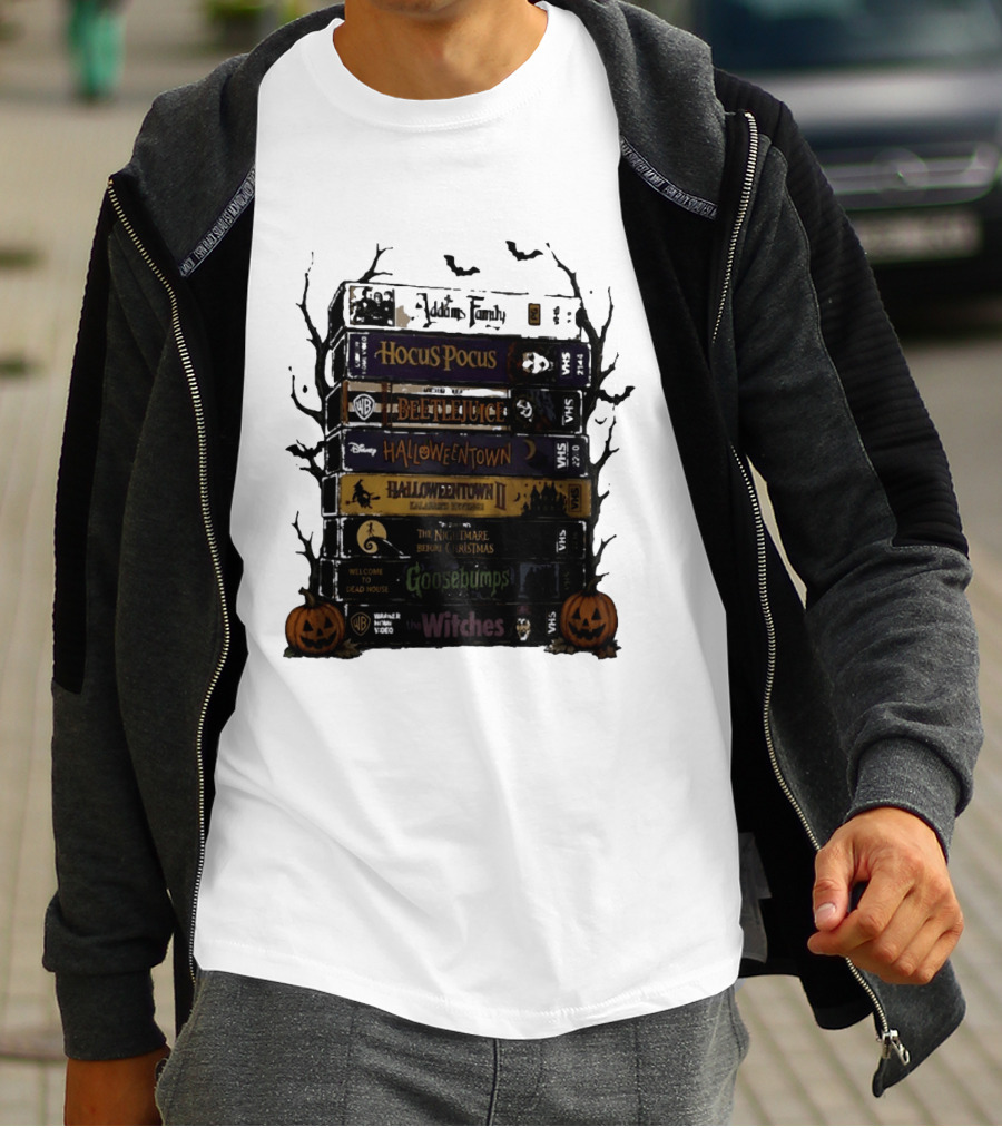 The Addams Family Hocus Pocus Beetlejuice Halloweentown Halloween II The Nightmare Before Christmas Goosebumps The Witches VHS Stack T-Shirt