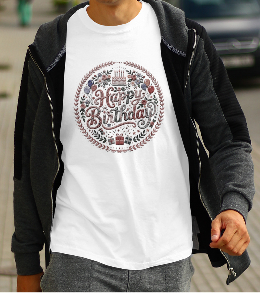 Happy Birthday Cake Balloons Wreath Celebration T-Shirt