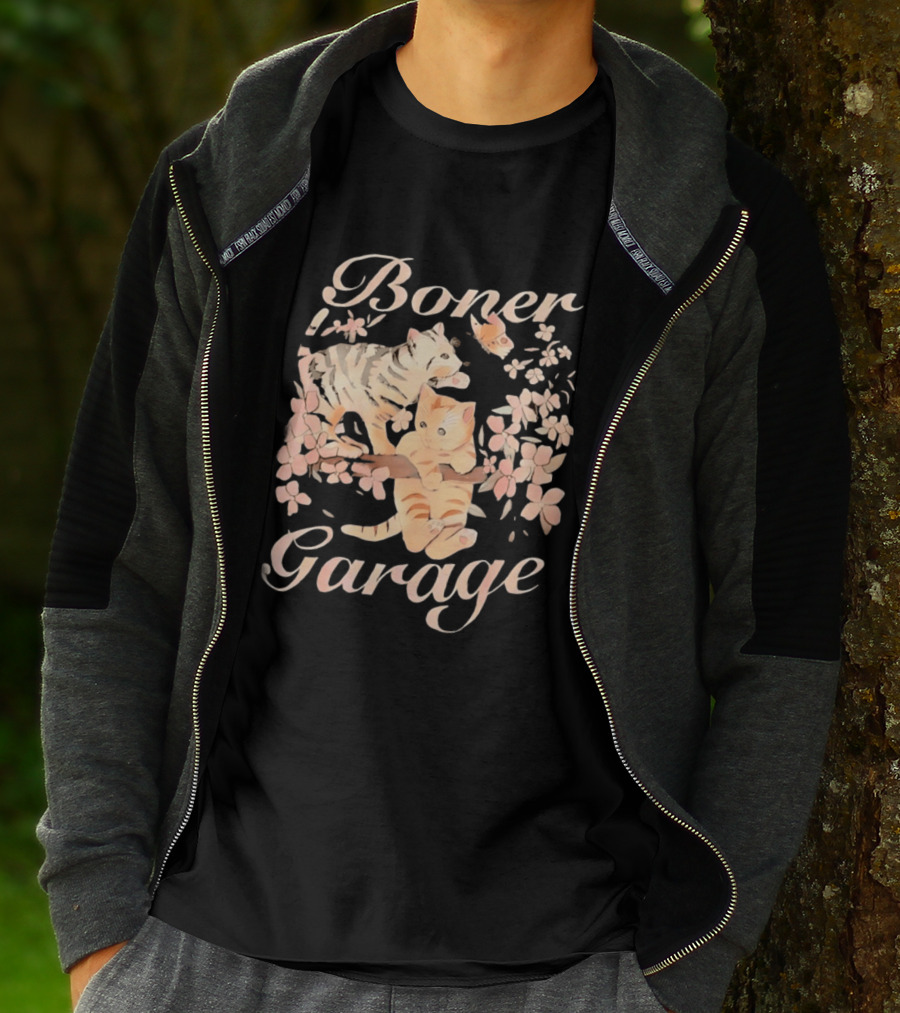 Boner Garage Cats Cherry Blossoms And Butterfly T-Shirt