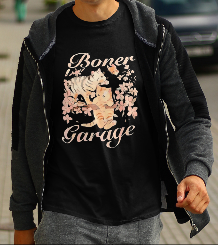 Boner Garage Cats Cherry Blossoms And Butterfly T-Shirt