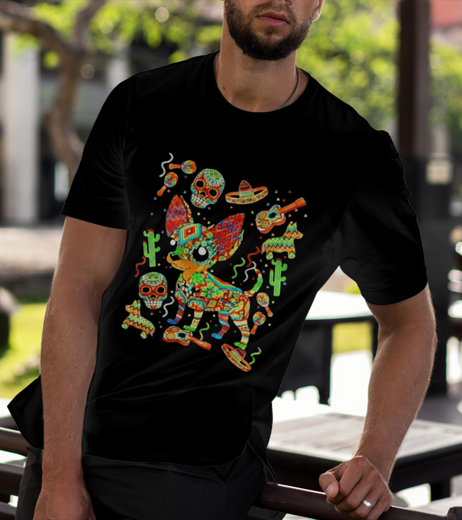 Fiesta Chihuahua Mexican Dia De Los Muertos Colorful Skull Sombrero Cactus Dog T-Shirt