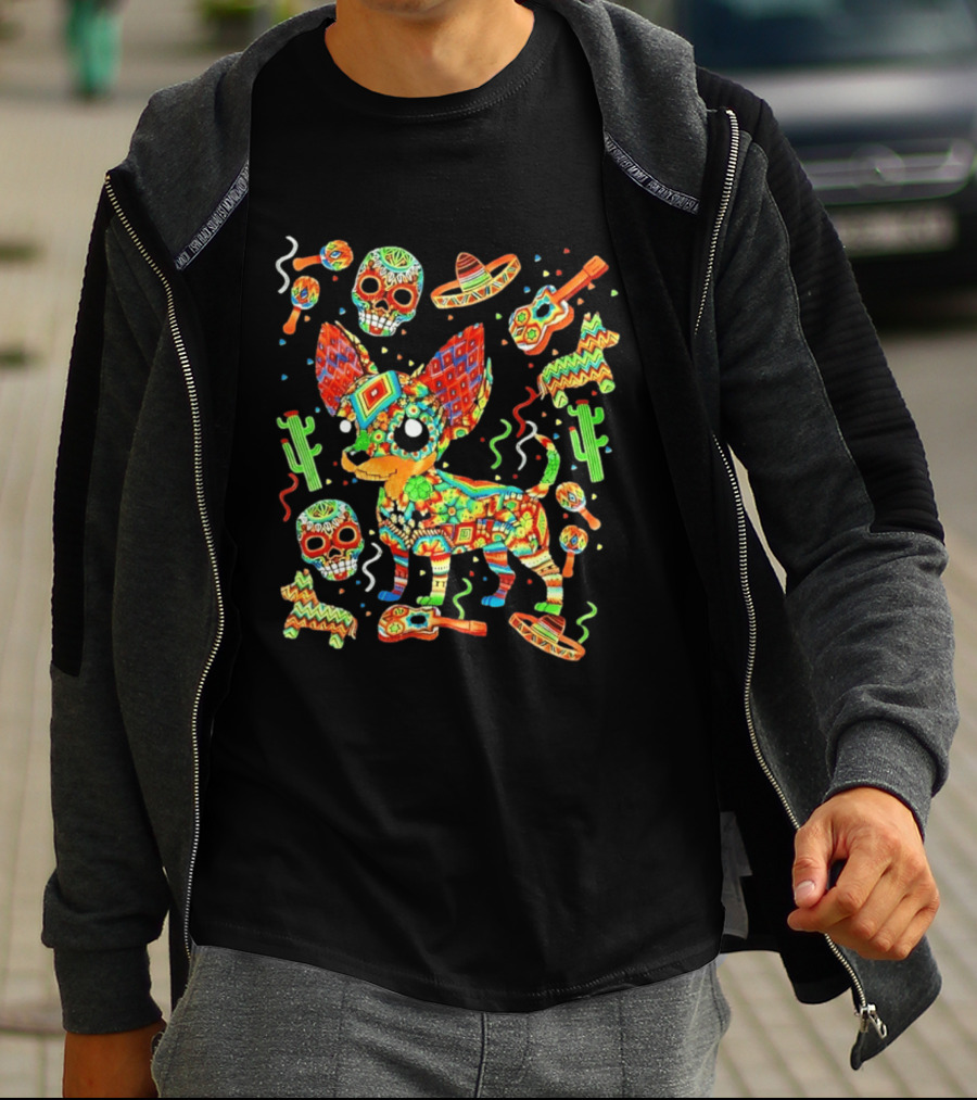 Fiesta Chihuahua Mexican Dia De Los Muertos Colorful Skull Sombrero Cactus Dog T-Shirt
