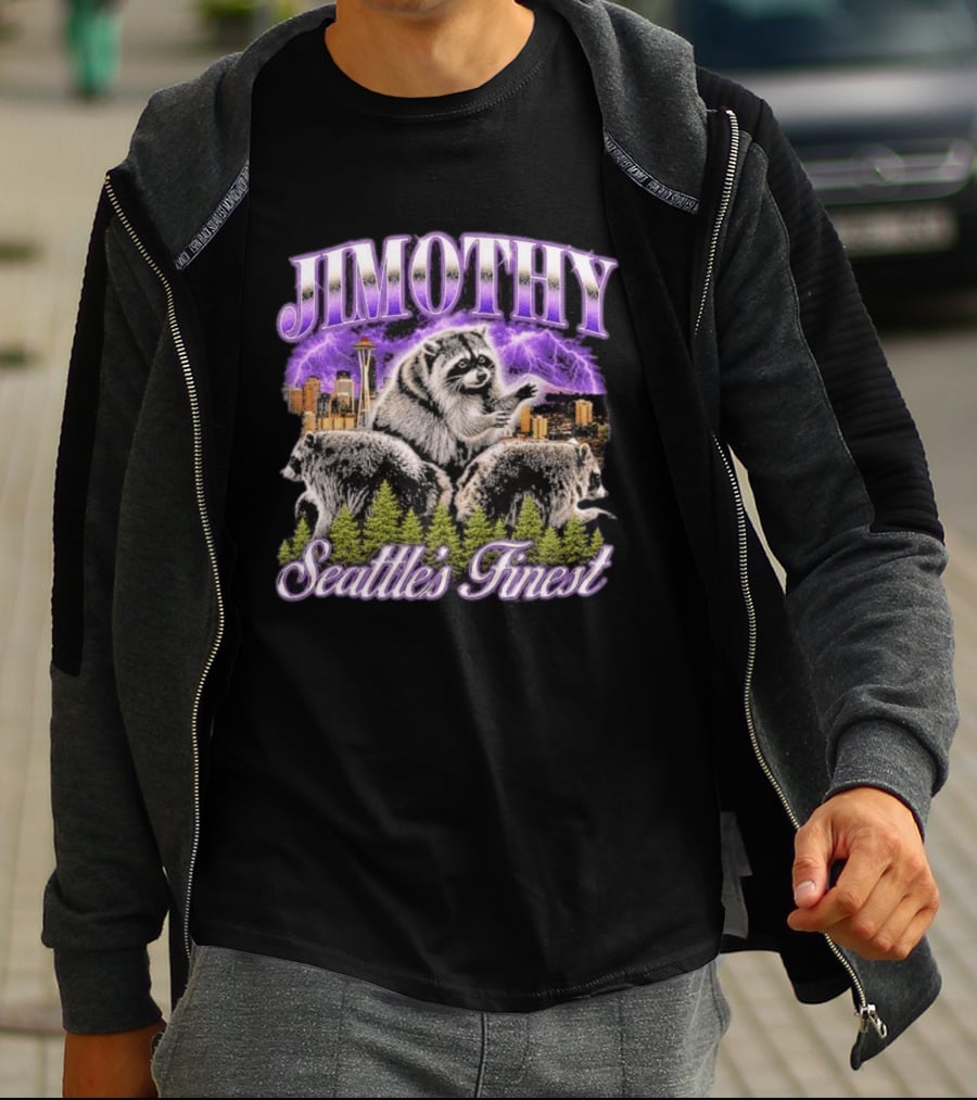 Jimothy Raccoon Seattle's Finest Purple Lightning Skyline And Forest T-Shirt