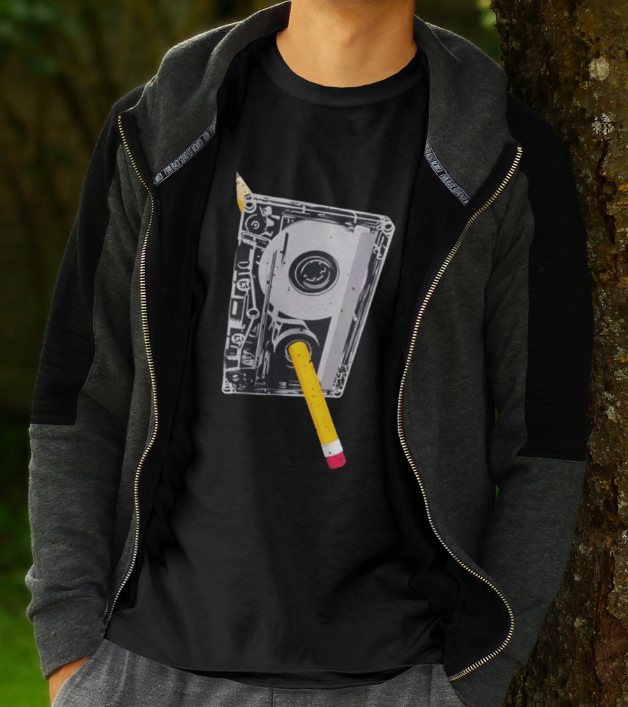 Rewind The Past Cassette Tape Pencil T-Shirt
