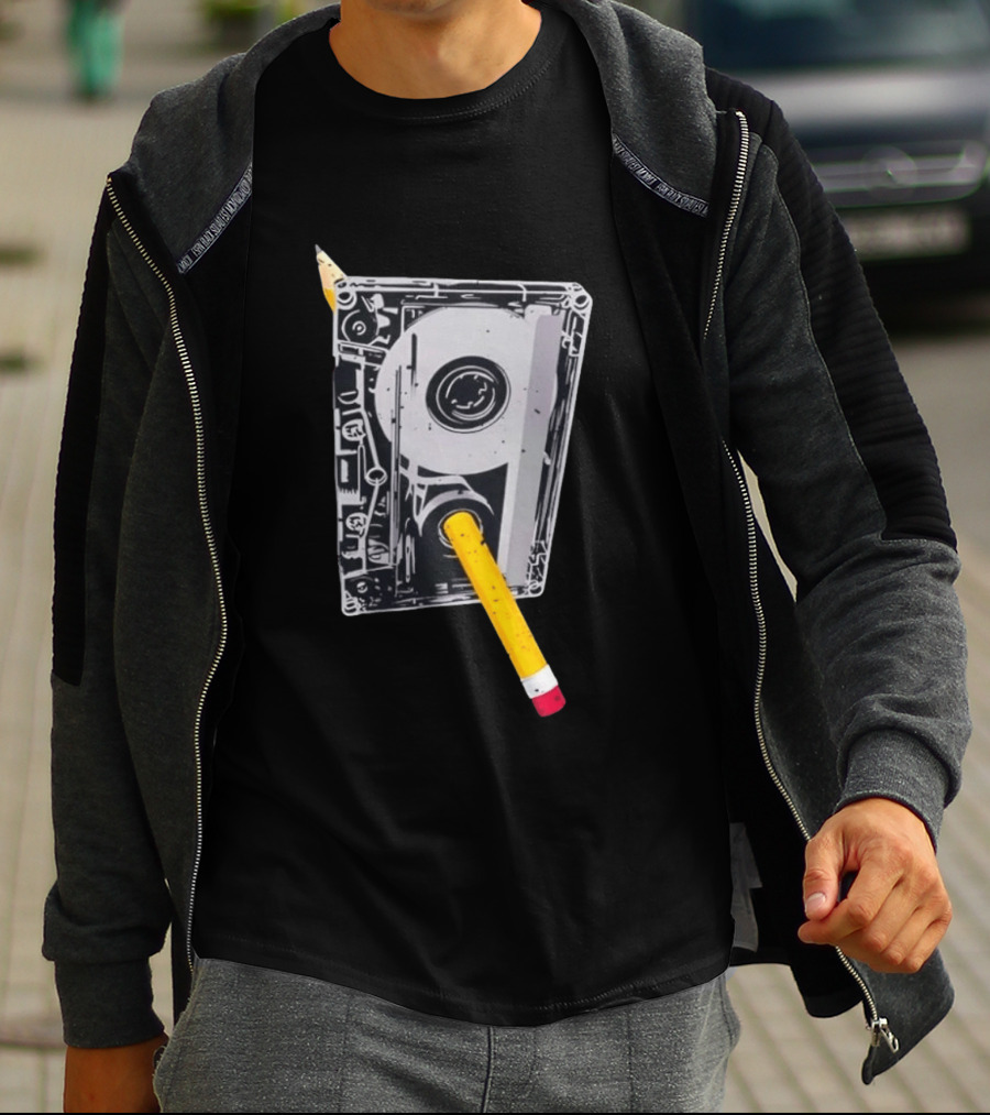 Rewind The Past Cassette Tape Pencil T-Shirt