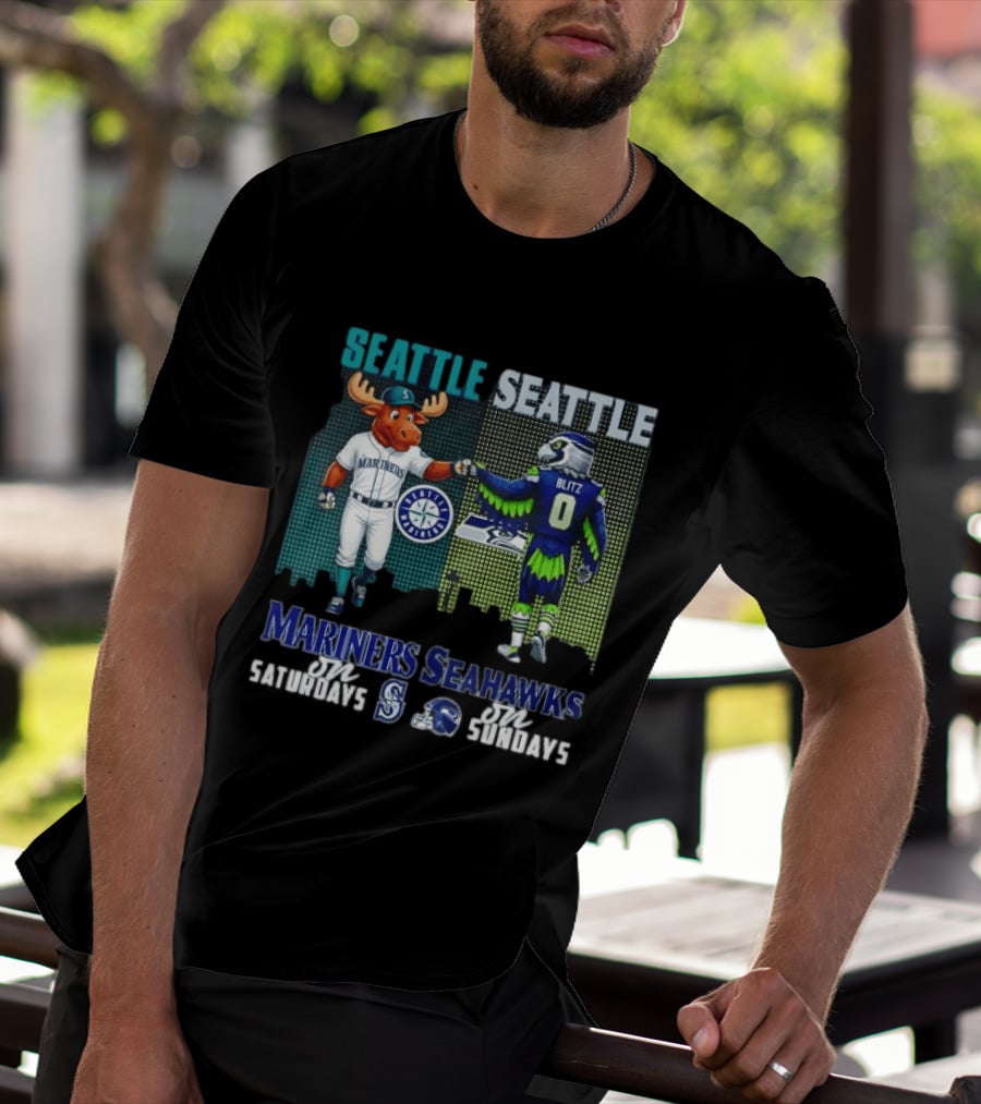 Seattle Mariners Moose And Seahawks Blitz On Saturdays Sundays T-Shirt