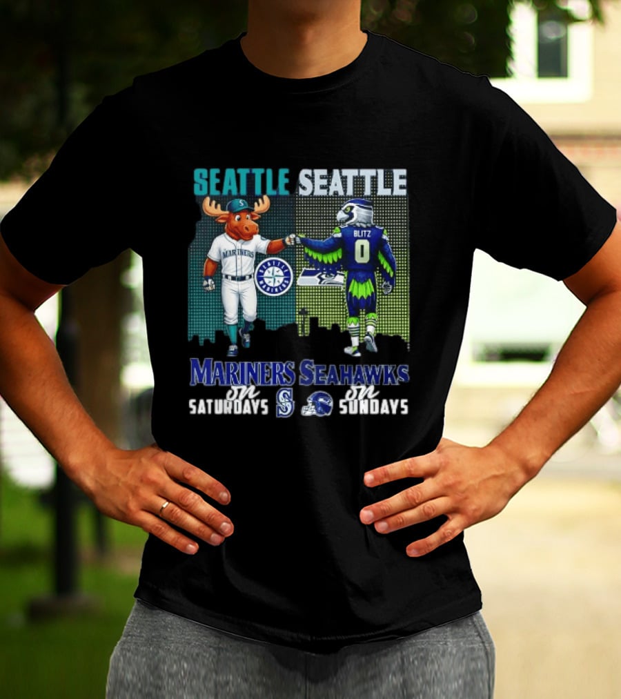 Seattle Mariners Moose And Seahawks Blitz On Saturdays Sundays T-Shirt