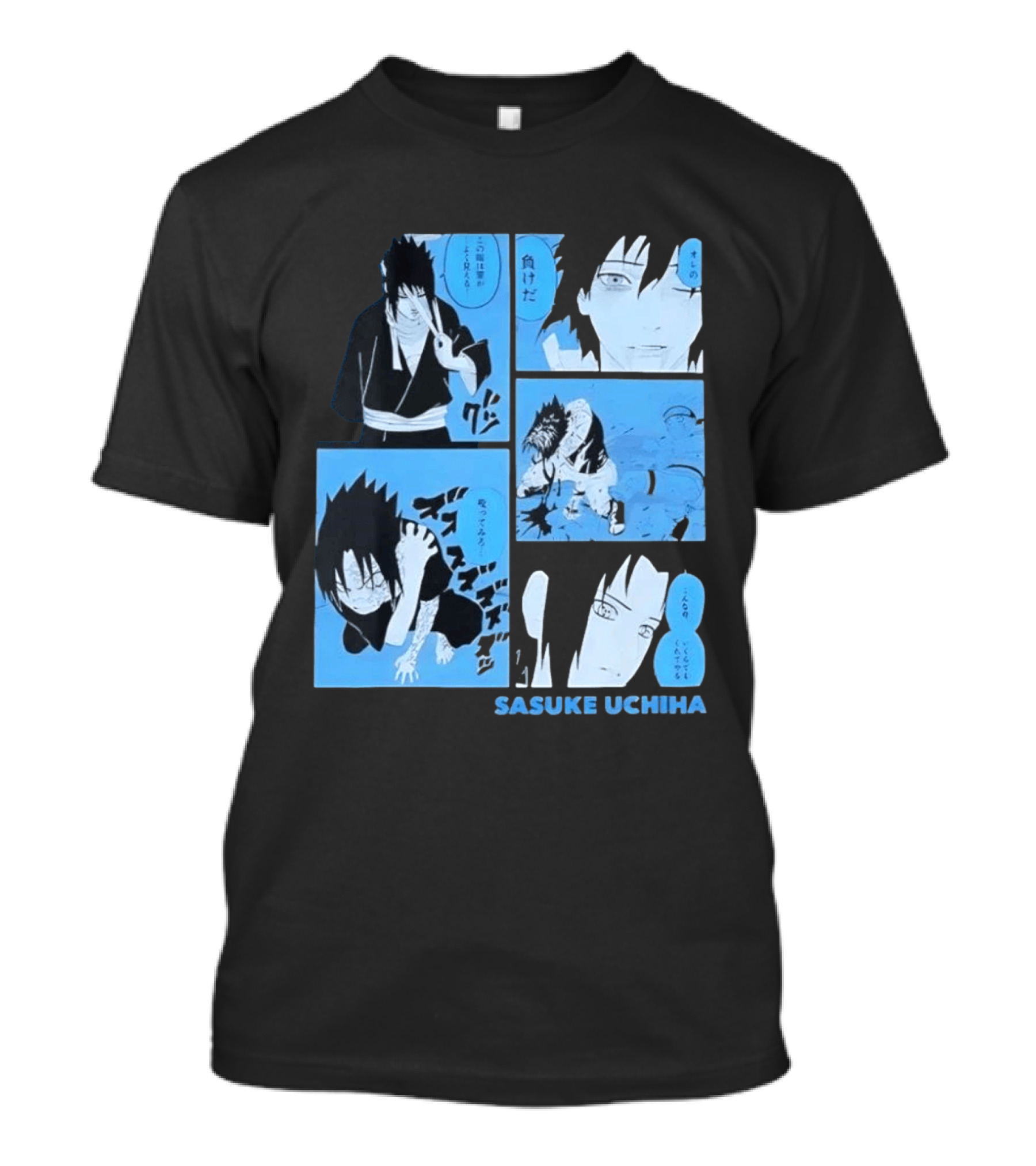 Sasuke Uchiha Cursed Seal Battle Manga Panels Blue Version T-Shirt