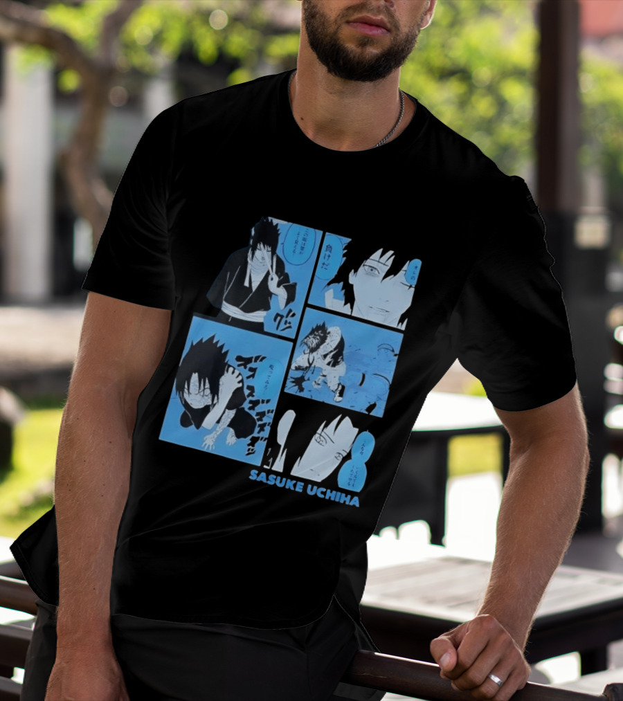 Sasuke Uchiha Cursed Seal Battle Manga Panels Blue Version T-Shirt