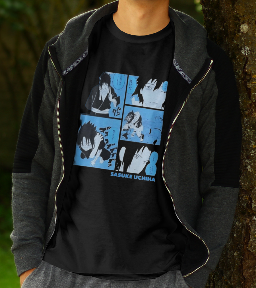Sasuke Uchiha Cursed Seal Battle Manga Panels Blue Version T-Shirt