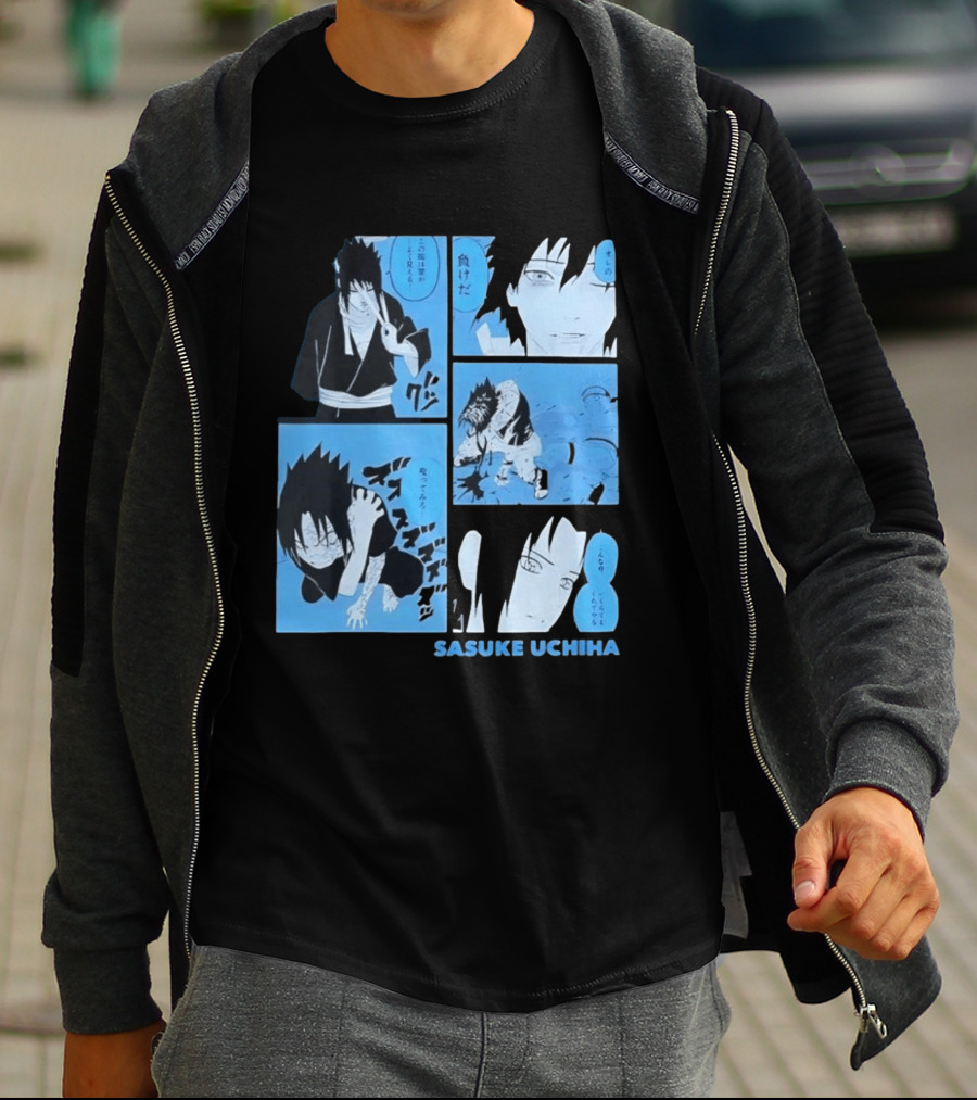 Sasuke Uchiha Cursed Seal Battle Manga Panels Blue Version T-Shirt