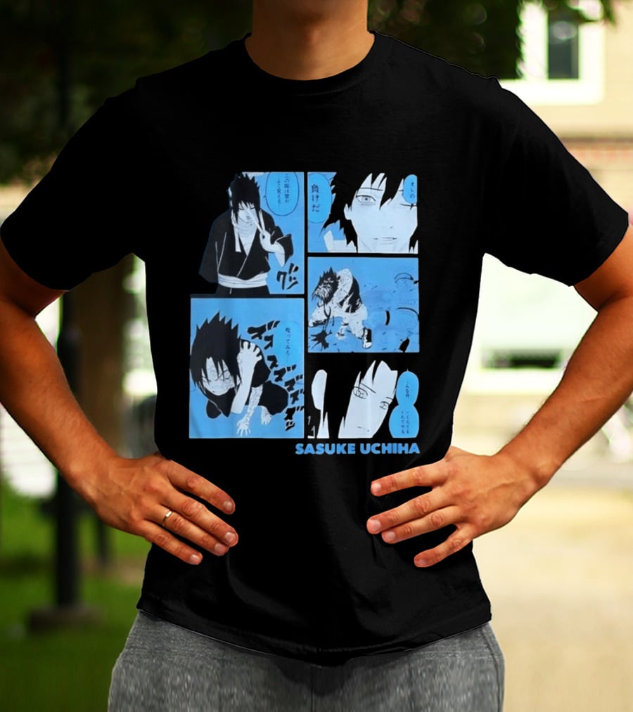 Sasuke Uchiha Cursed Seal Battle Manga Panels Blue Version T-Shirt