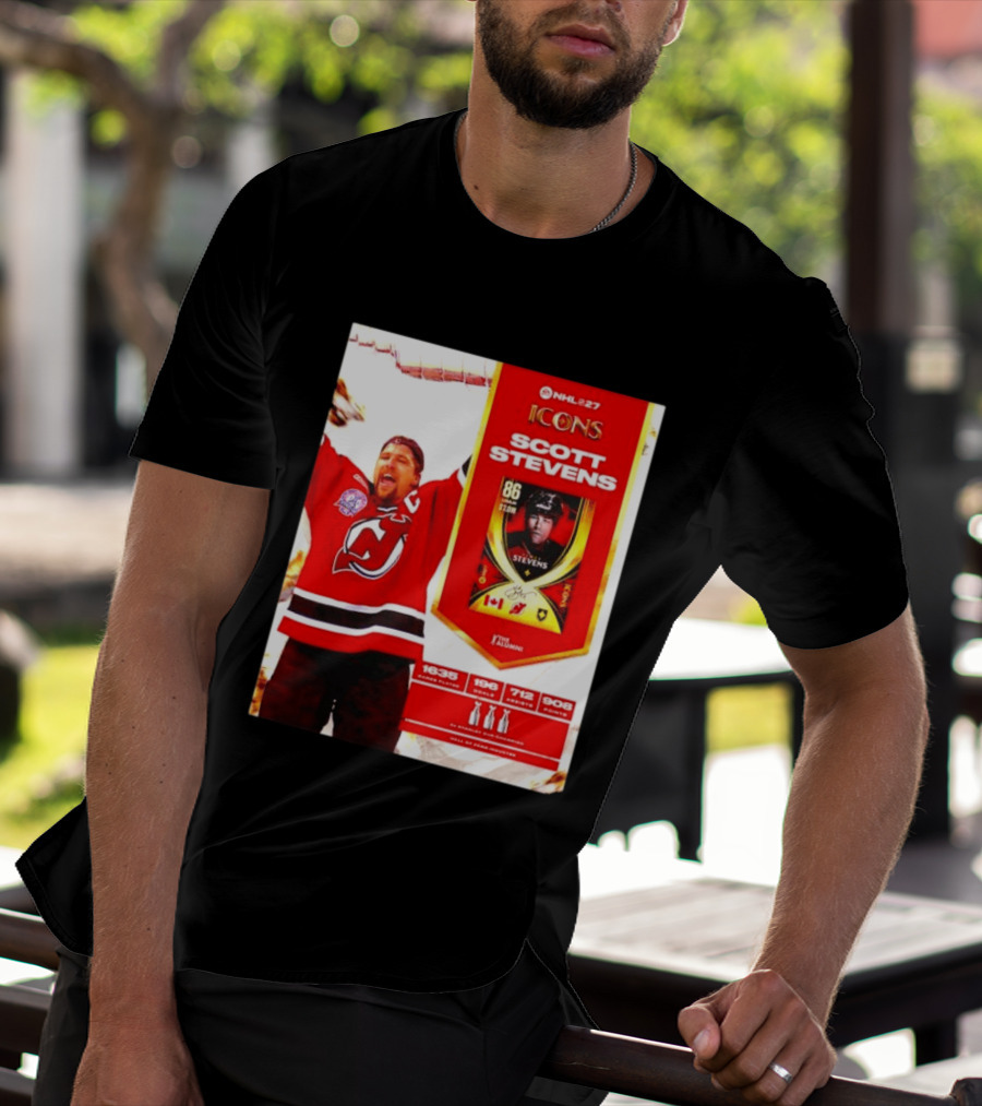 NHL 27 Icons Scott Stevens New Jersey Devils Hall Of Fame Legend T-Shirt