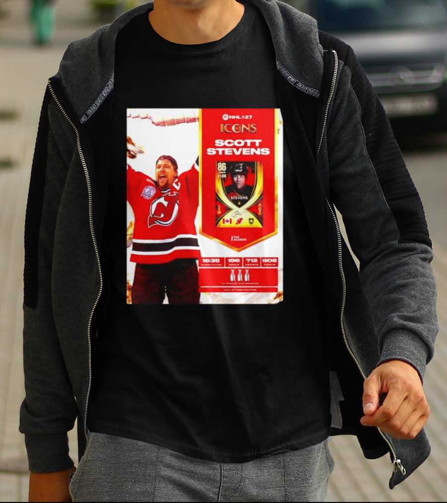 NHL 27 Icons Scott Stevens New Jersey Devils Hall Of Fame Legend T-Shirt