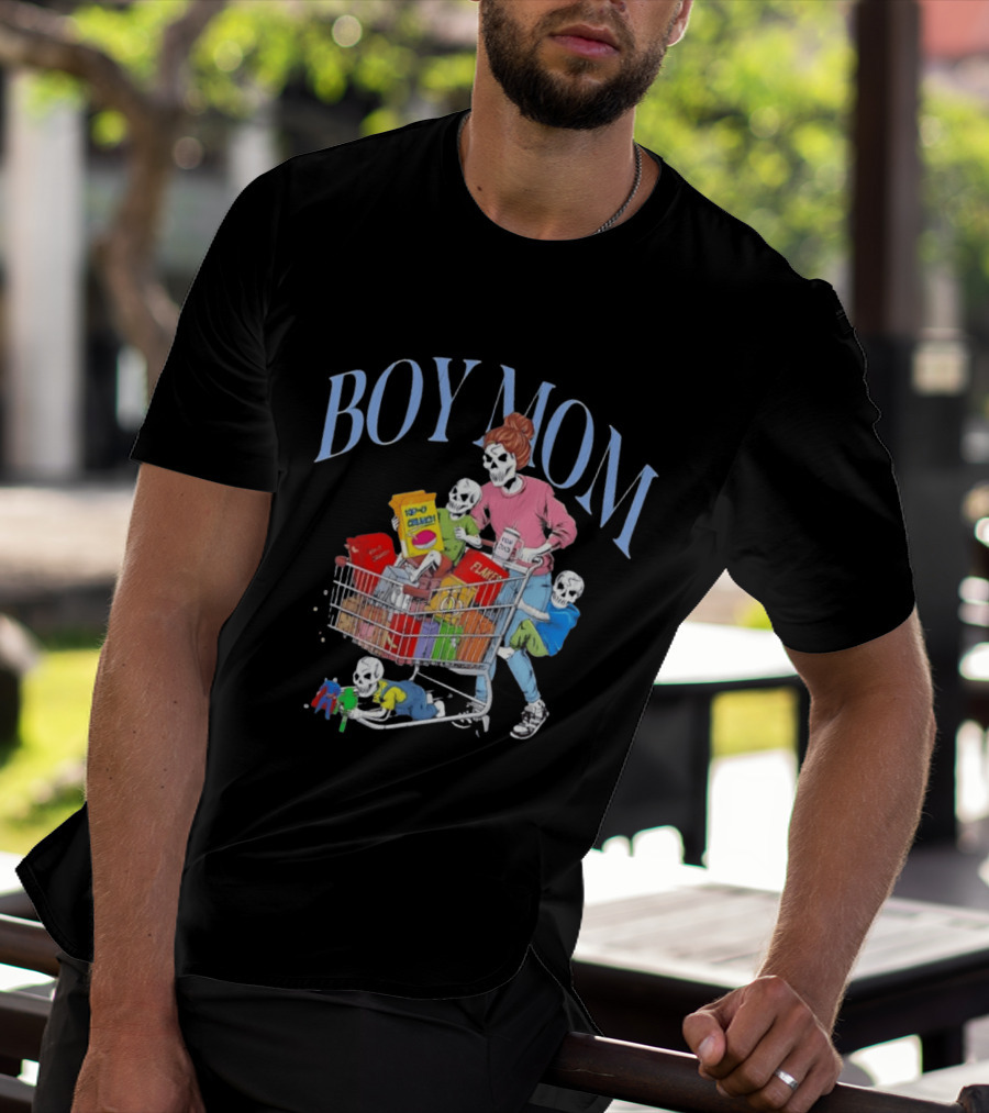 Boy Mom Skeleton With Kids Pushing Shopping Cart Eating Cereal T-Shirt