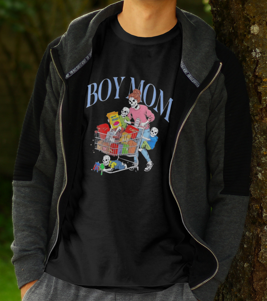 Boy Mom Skeleton With Kids Pushing Shopping Cart Eating Cereal T-Shirt