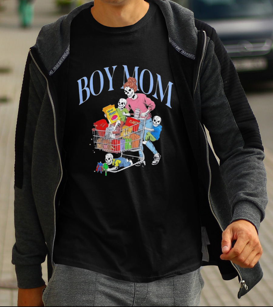 Boy Mom Skeleton With Kids Pushing Shopping Cart Eating Cereal T-Shirt