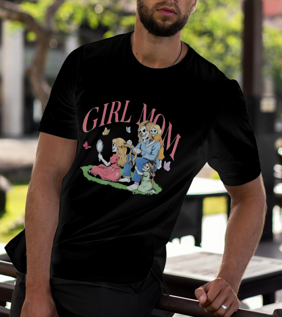 Girl Mom Skeleton Mother Braiding Hair With Daughters And Butterflies T-Shirt