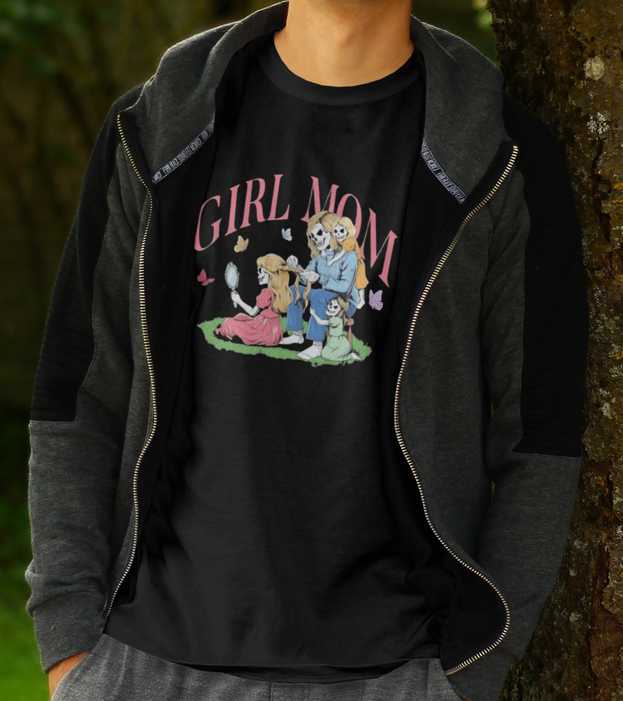Girl Mom Skeleton Mother Braiding Hair With Daughters And Butterflies T-Shirt