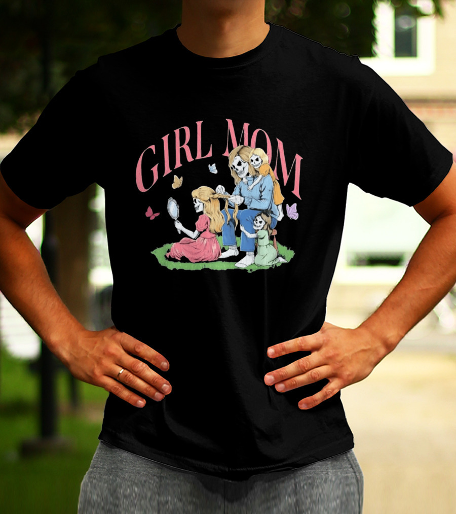 Girl Mom Skeleton Mother Braiding Hair With Daughters And Butterflies T-Shirt