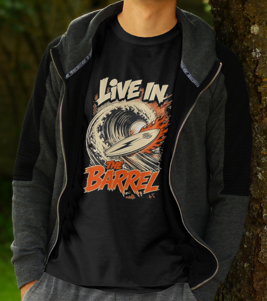 Live In The Barrel Flaming Surfboard Surf T-Shirt