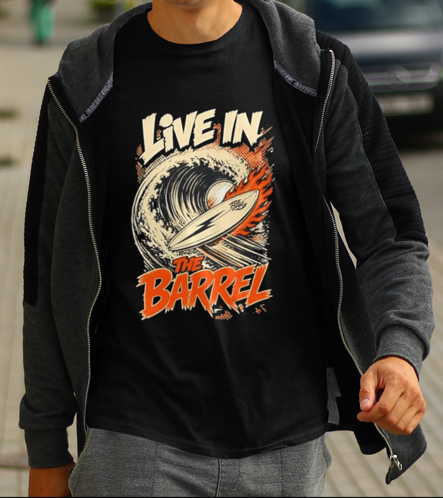 Live In The Barrel Flaming Surfboard Surf T-Shirt