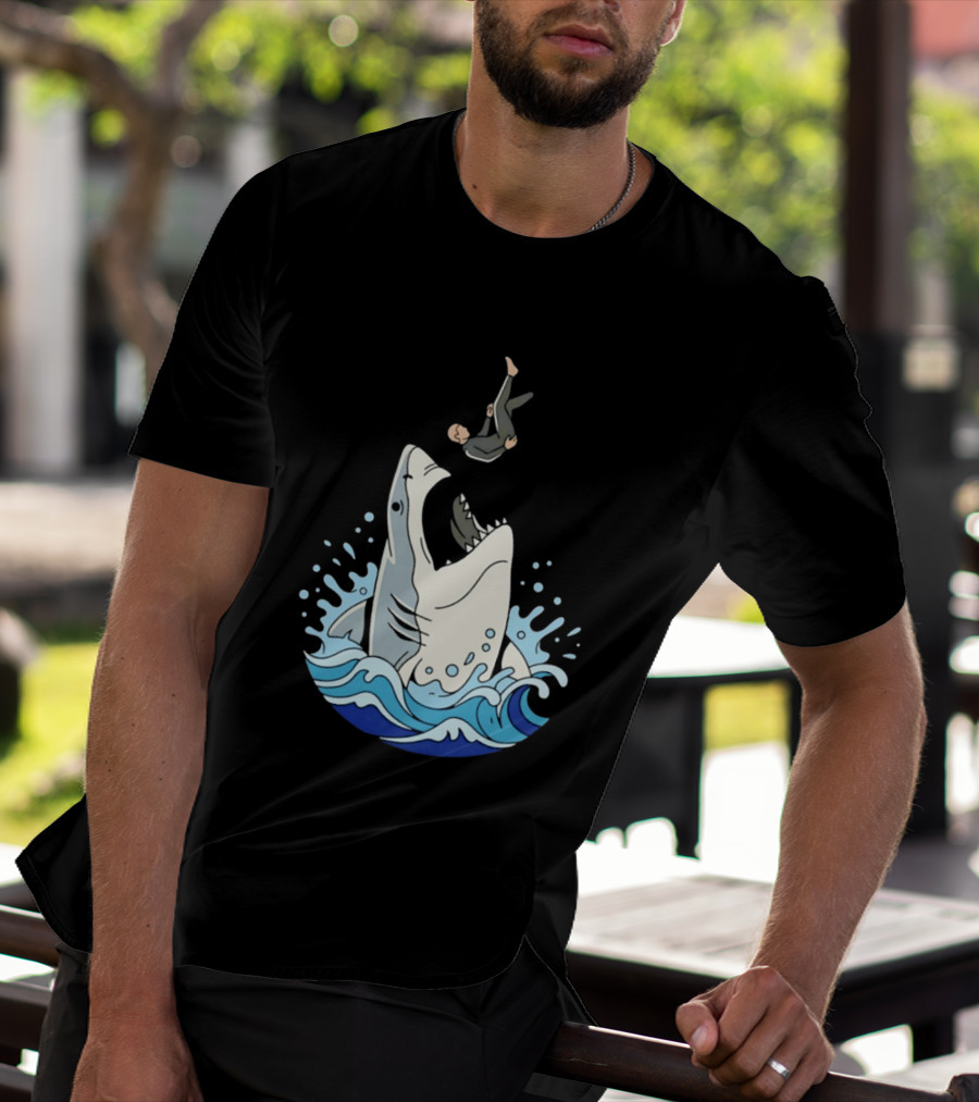 Great White Shark Surfer Falling Water Splash Scene T-Shirt