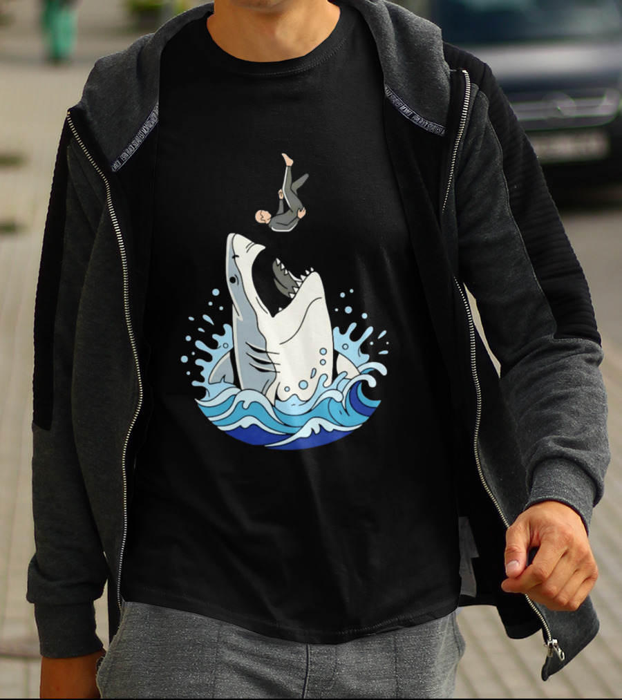 Great White Shark Surfer Falling Water Splash Scene T-Shirt