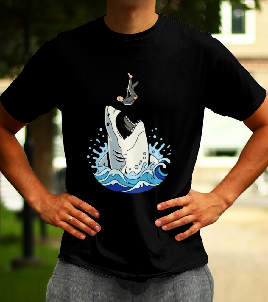 Great White Shark Surfer Falling Water Splash Scene T-Shirt