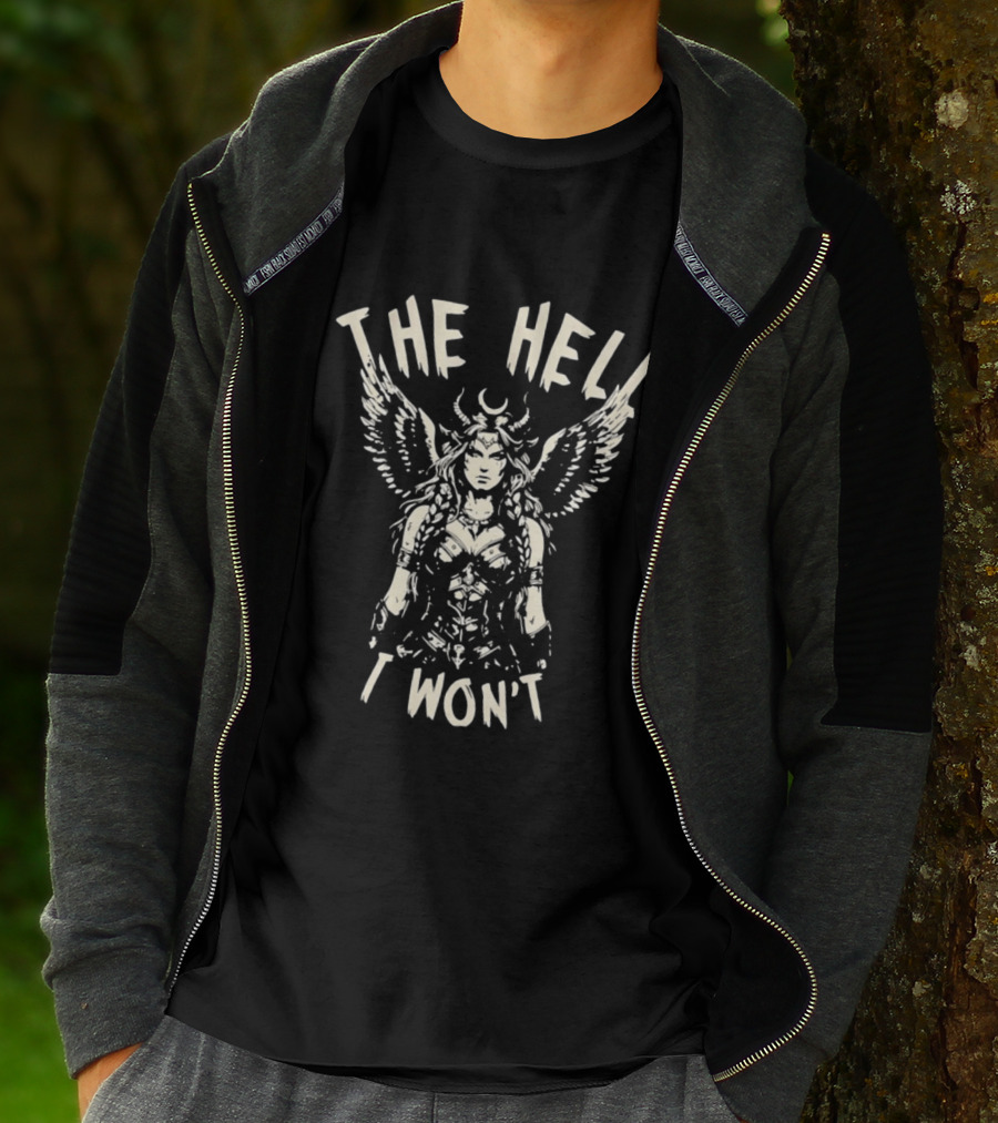 The Hell I Won't Winged Demon Warrior Woman Horned Crescent Moon Wings T-Shirt