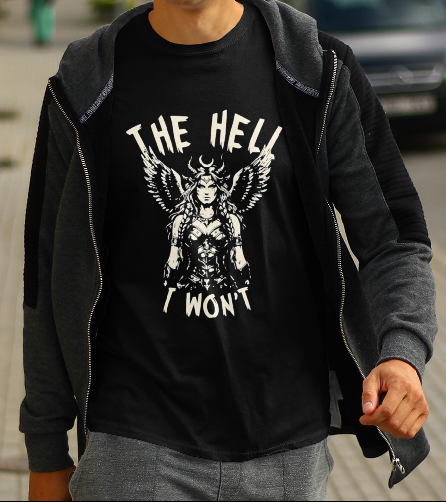 The Hell I Won't Winged Demon Warrior Woman Horned Crescent Moon Wings T-Shirt