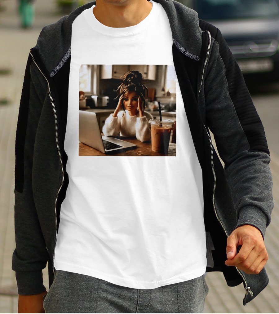 Crashing Out Barbie Girl With Coffee And Laptop Vibes T-Shirt